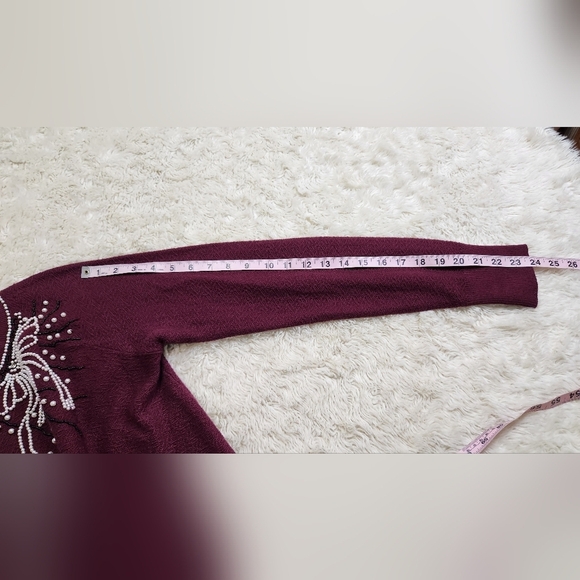 Anthropologie Field Flower Pearled Bow Beaded Sweater Wool Blend Burgundy Sz Med - Picture 10 of 12